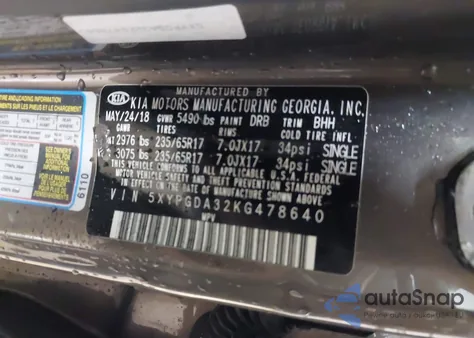 2019 Kia Sorento 2.4L Lx z USA, uszkodzony, nr VIN 5XYPGDA32KG478640